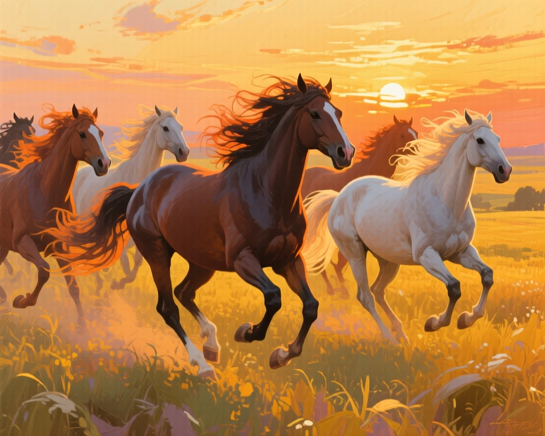 A herd of wild horses galloping through a golden field at sunset, manes flying in the wind