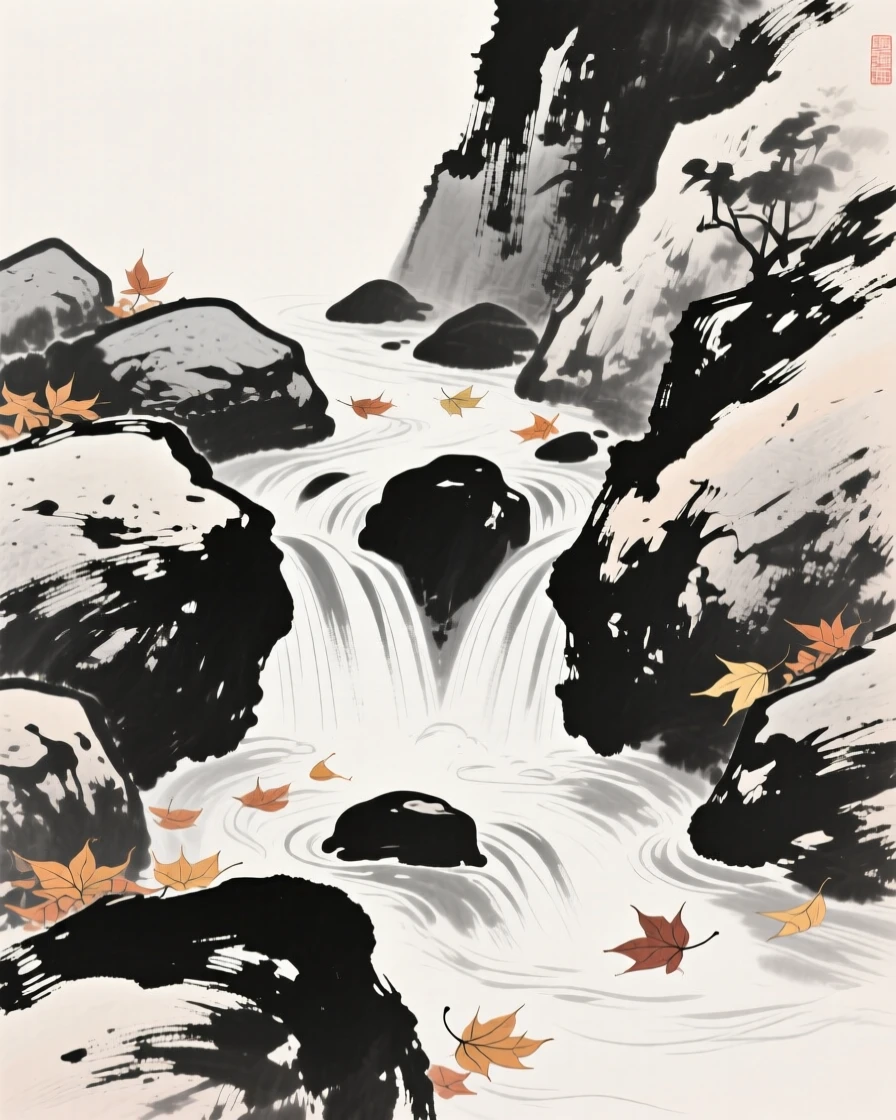 a narrow mountain stream tumbling over stones, with autumn leaves drifting on the current.