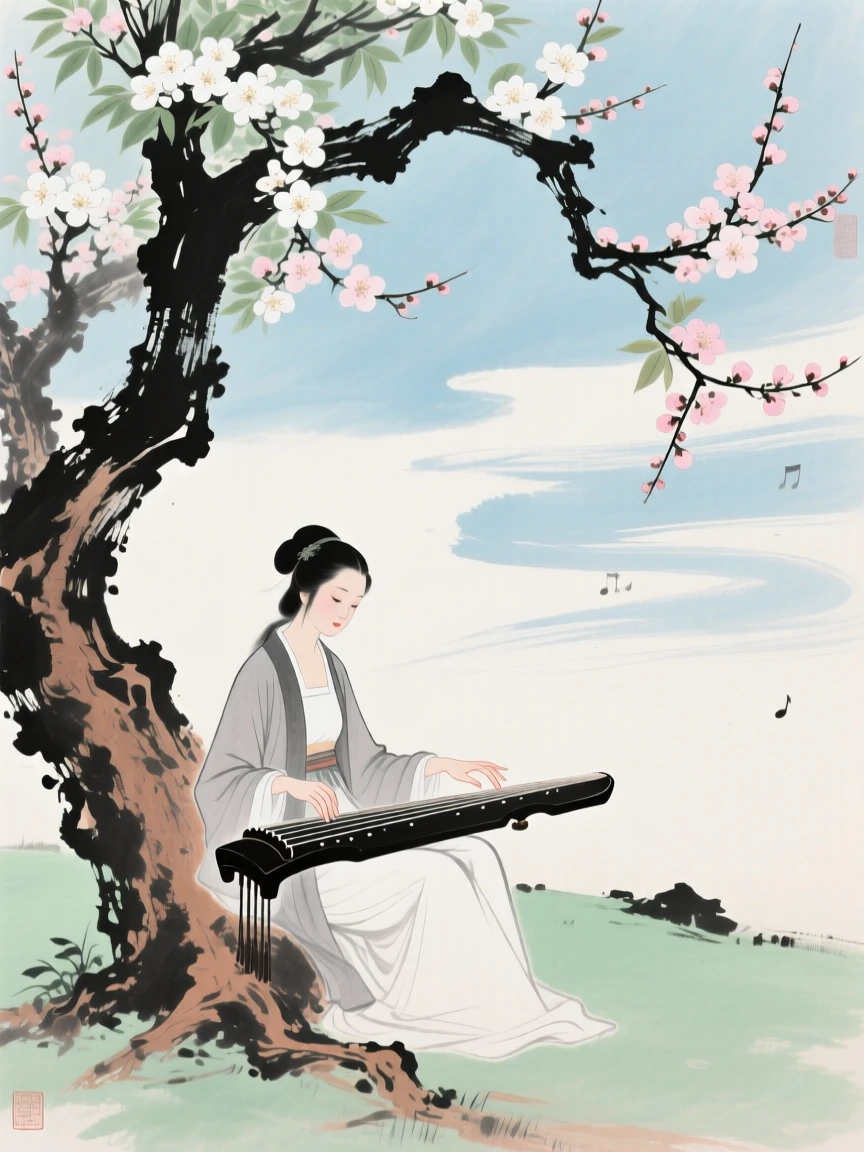 A woman playing a guqin beneath a blossoming plum tree, full of quiet reverence, under a sky streaked with clouds.