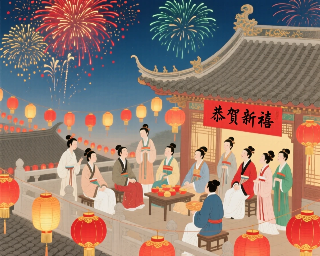 A rooftop gathering to watch fireworks during a lunar new year celebration, lit by hundreds of small hanging lanterns