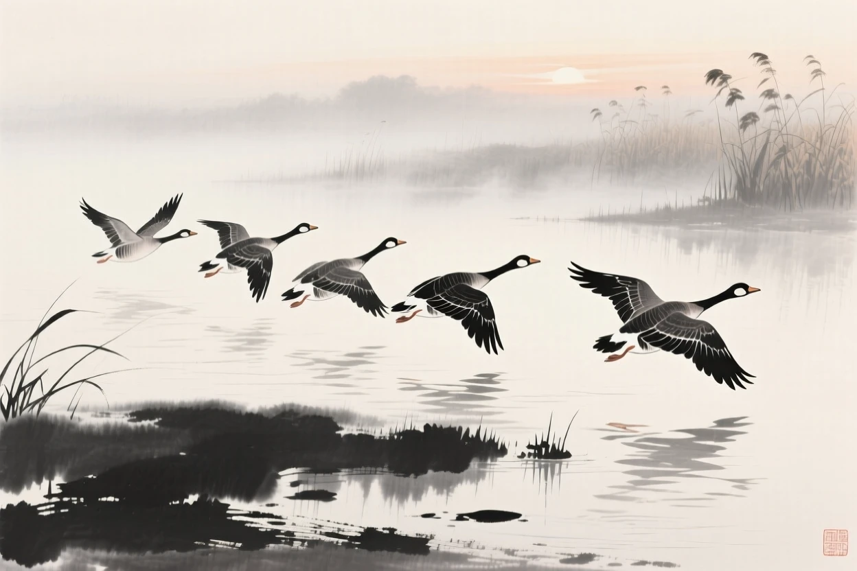 A formation of geese gliding low across the water's surface above a misty wetland at dawn, captured mid-motion with wings outstretched, suggesting renewal and the gentle passage of seasons.