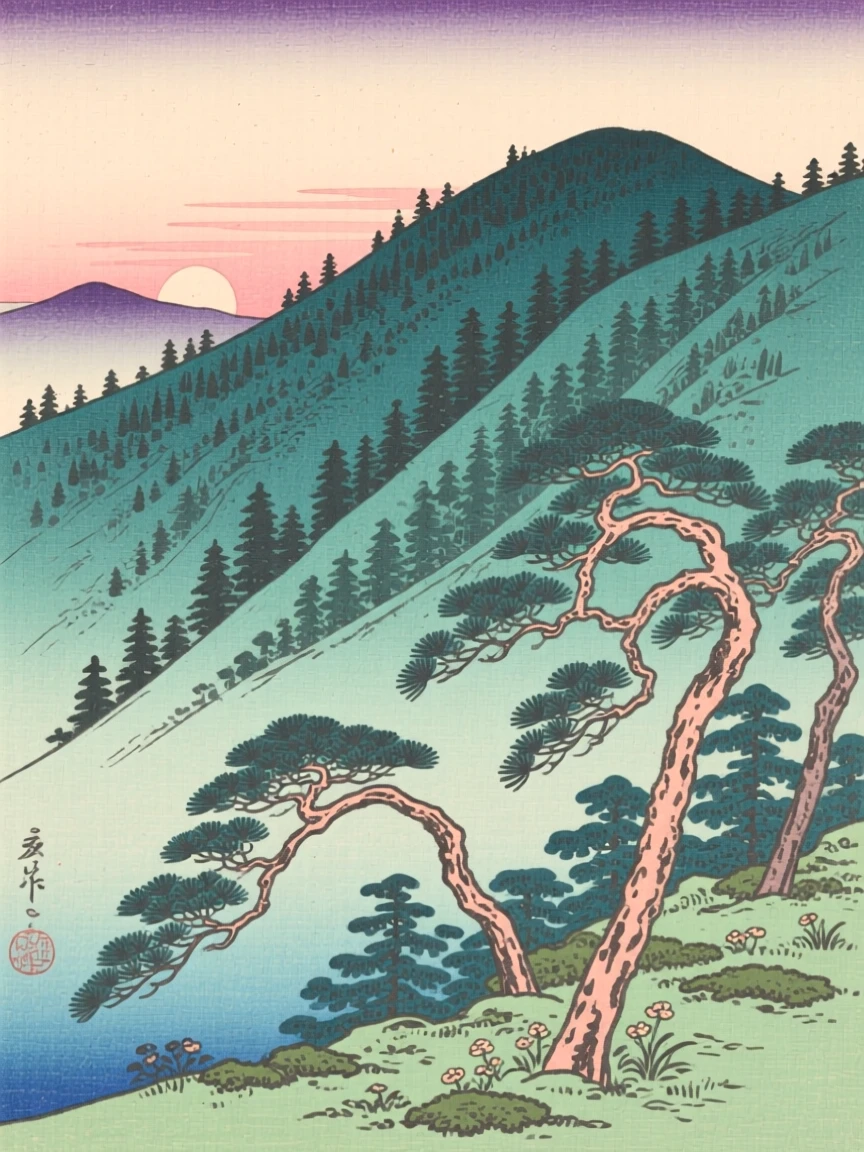 A forested mountain slope, framed by wind-bent pine trees, in the soft glow of early morning.