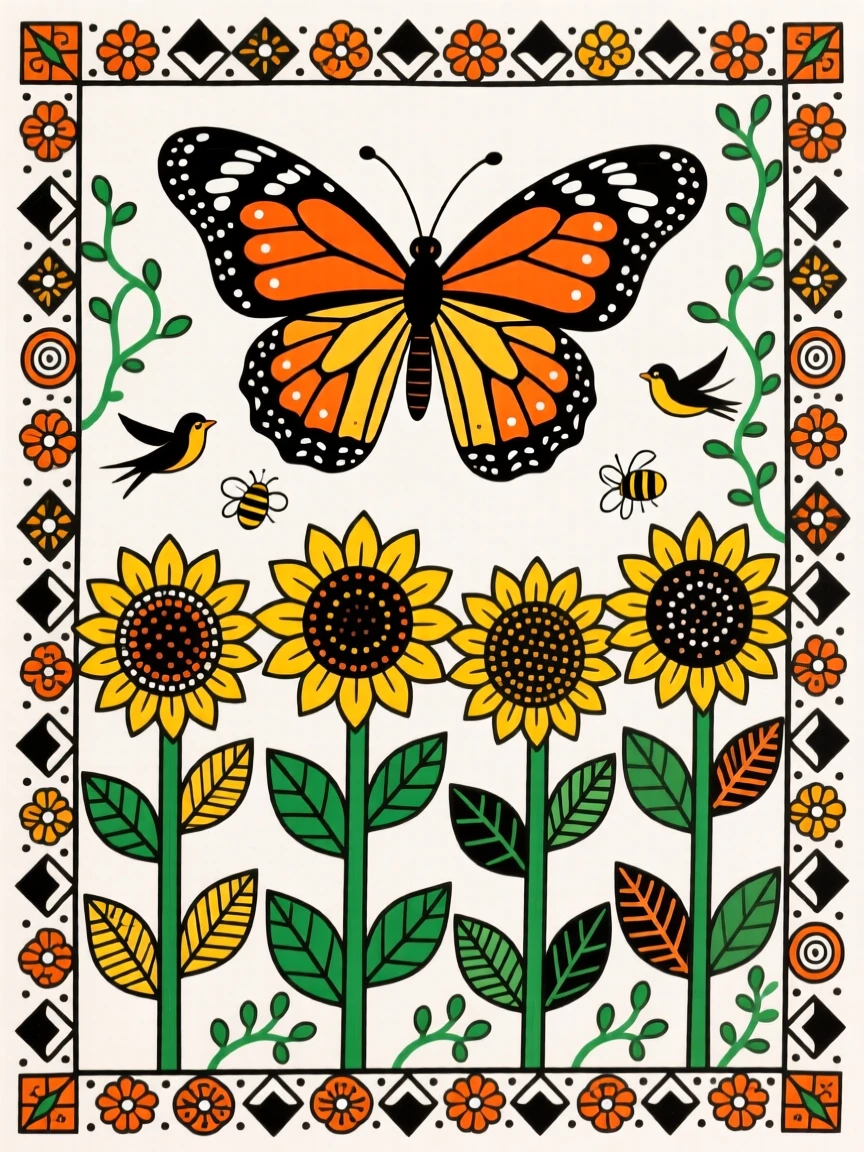 A monarch butterfly drifting above a row of sunflowers.
