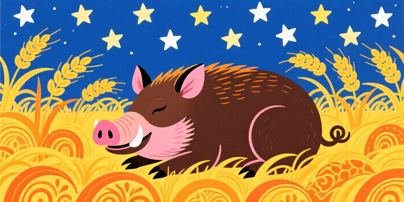 A wild boar resting in a golden wheat field at harvest time, beneath a sky full of stars.