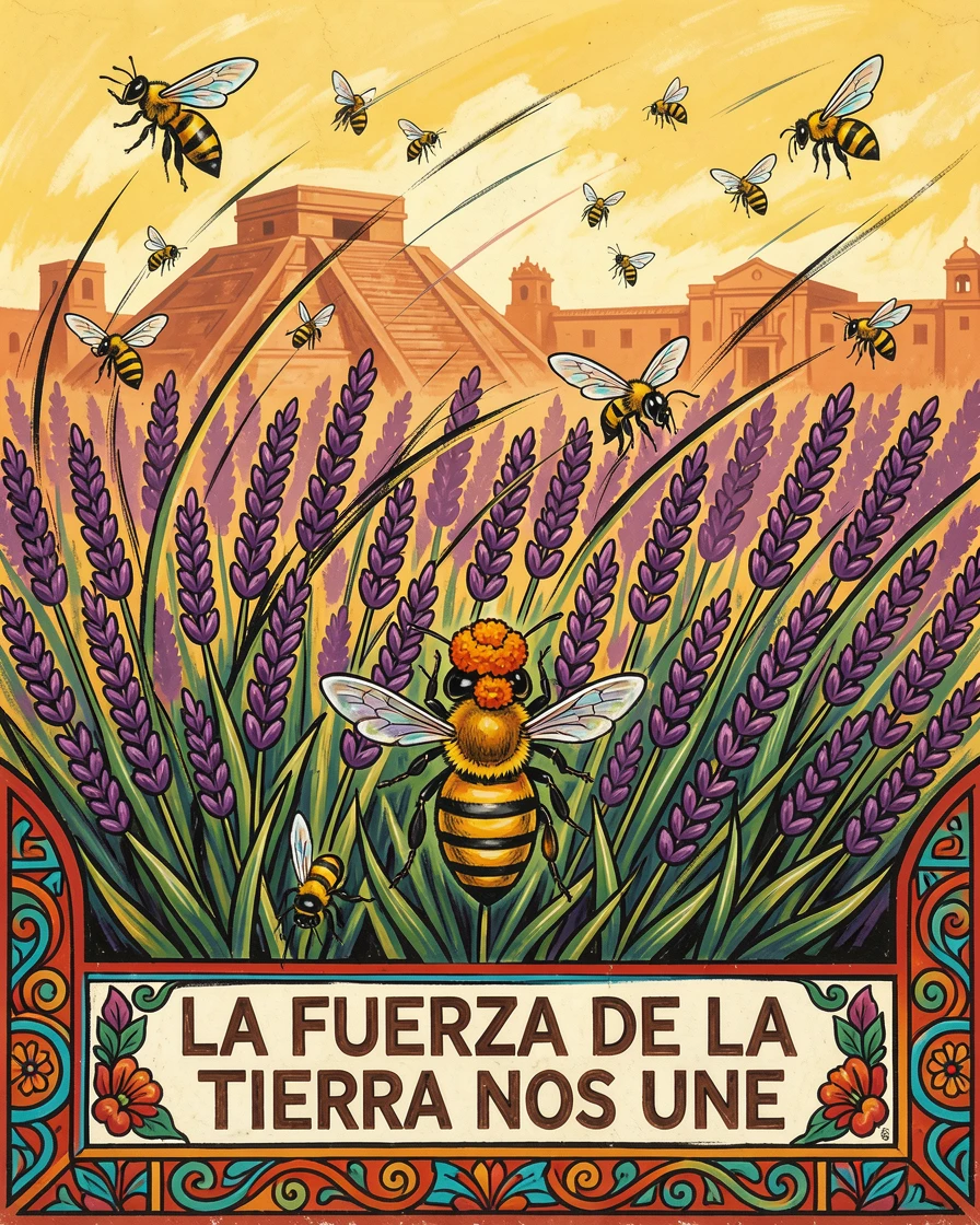 A field of lavender with bees gathering pollen