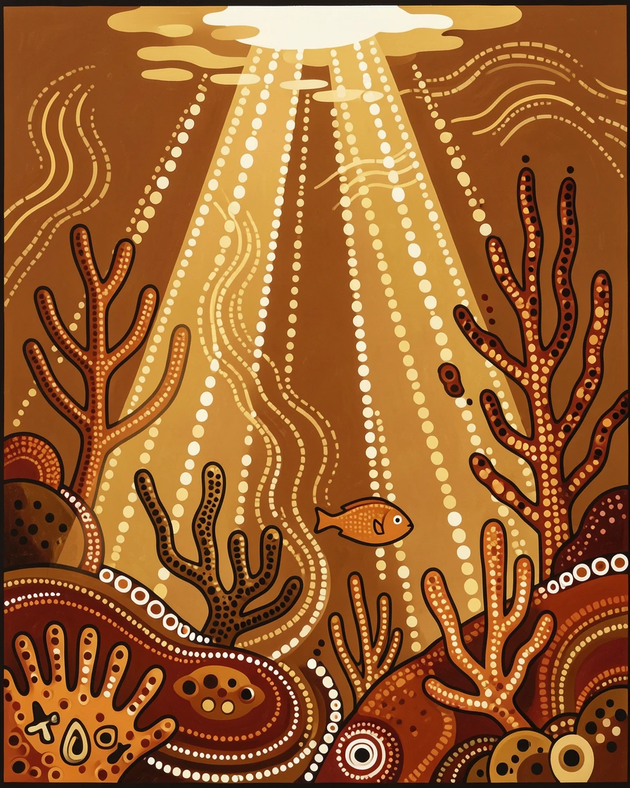 A coral reef illuminated by shafts of underwater light