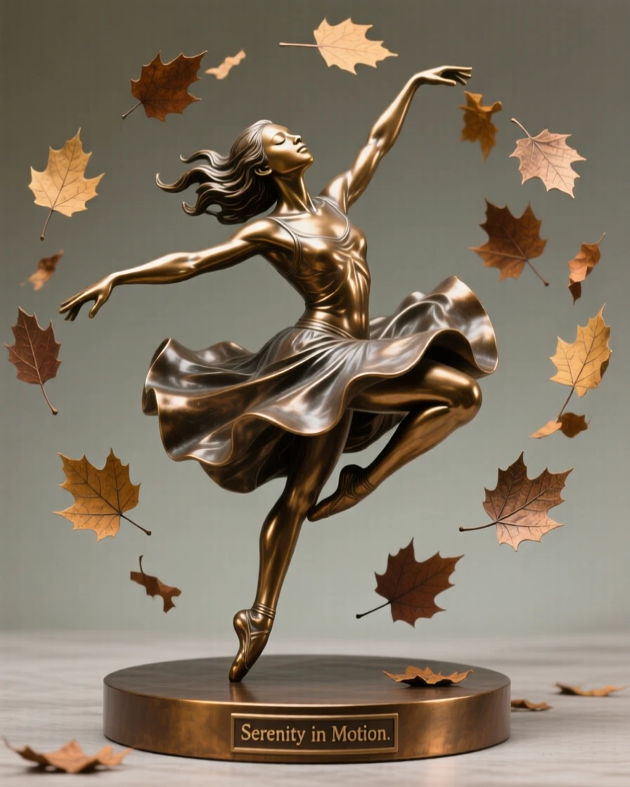 A dancer twirling amid falling autumn leaves, with eyes closed in peaceful serenity, forming a strong central focal point