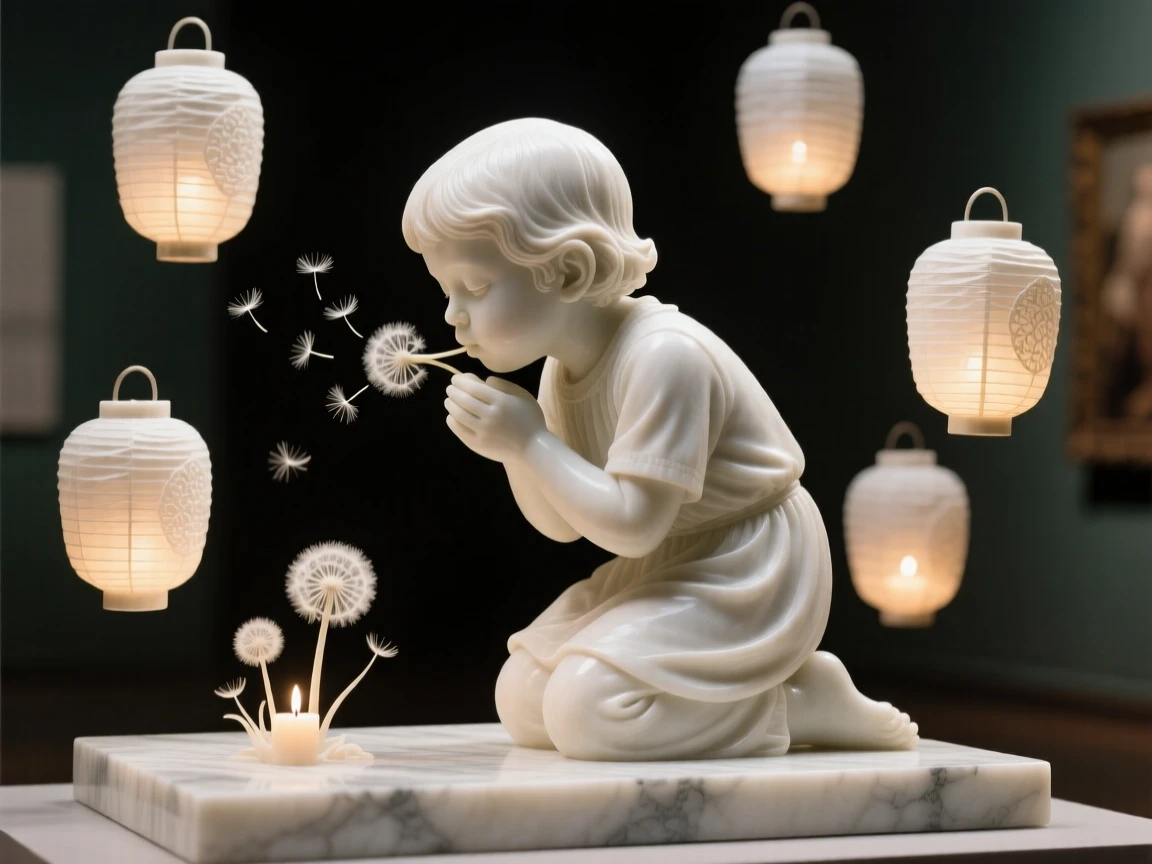 A close-up portrait of a child blowing dandelion seeds, kneeling with head bowed in gratitude, surrounded by floating lanterns, radiating quiet emotion and dignity