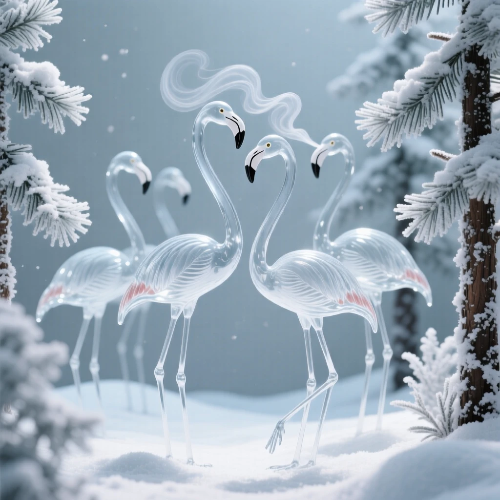 A group of flamingos in a snow-dusted pine forest, breath visible in the cold air, soft winter light giving the scene a hushed, peaceful feeling.