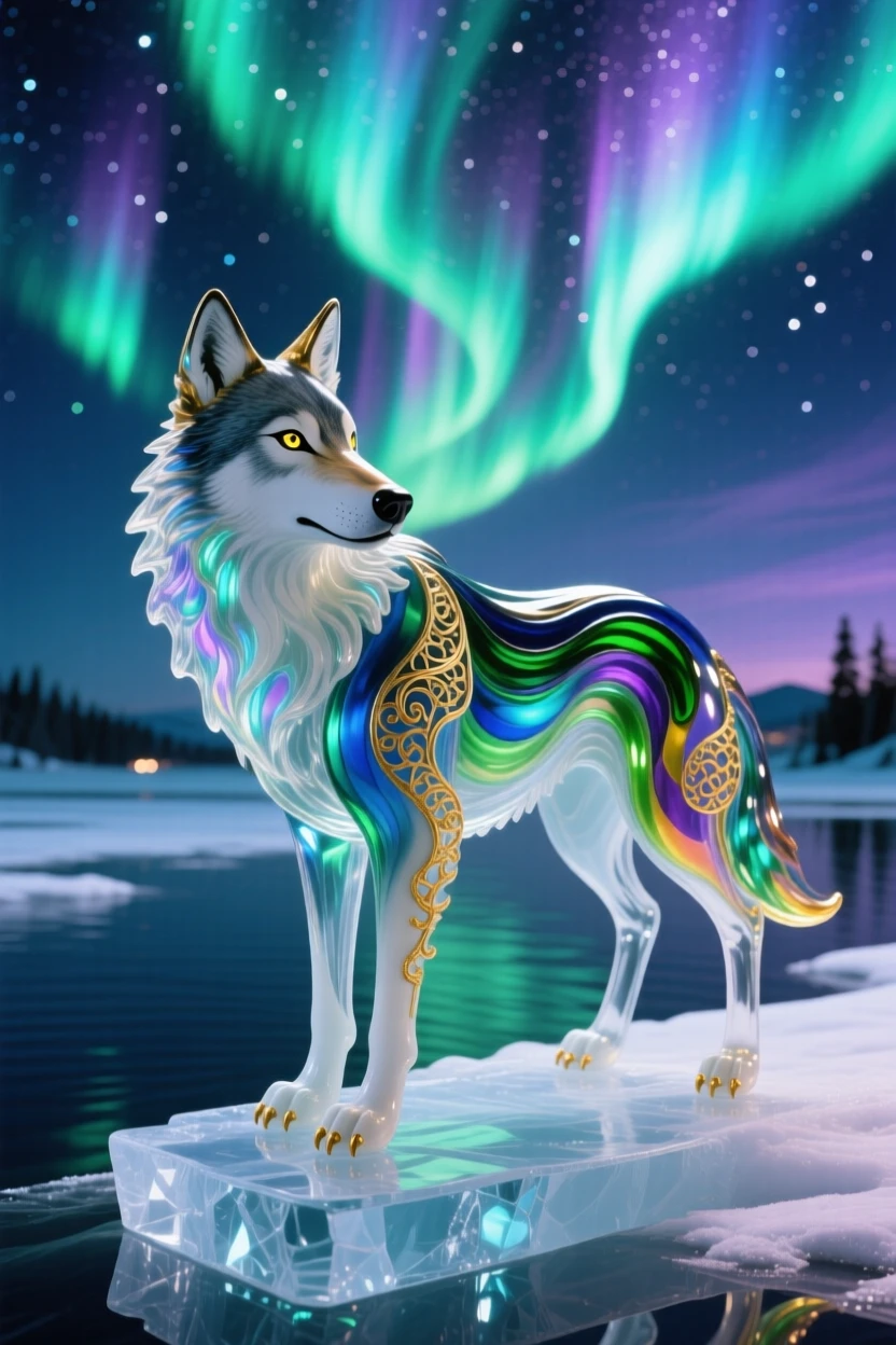 A lone wolf standing at the edge of a frozen lake under the northern lights, solitary and majestic.