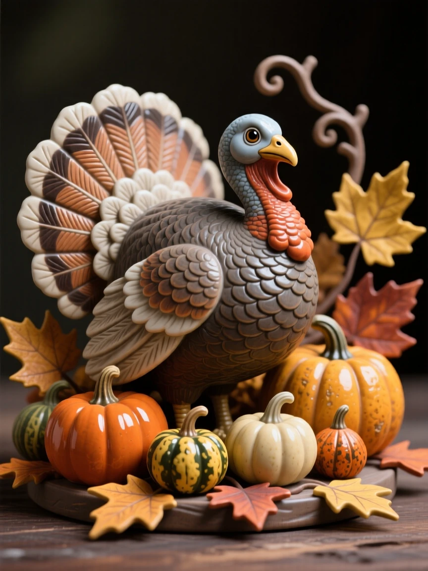 A turkey figure surrounded by autumn gourds arranged as a festive centerpiece, framed by autumn leaves in warm hues, evoking festive joy and warm togetherness.