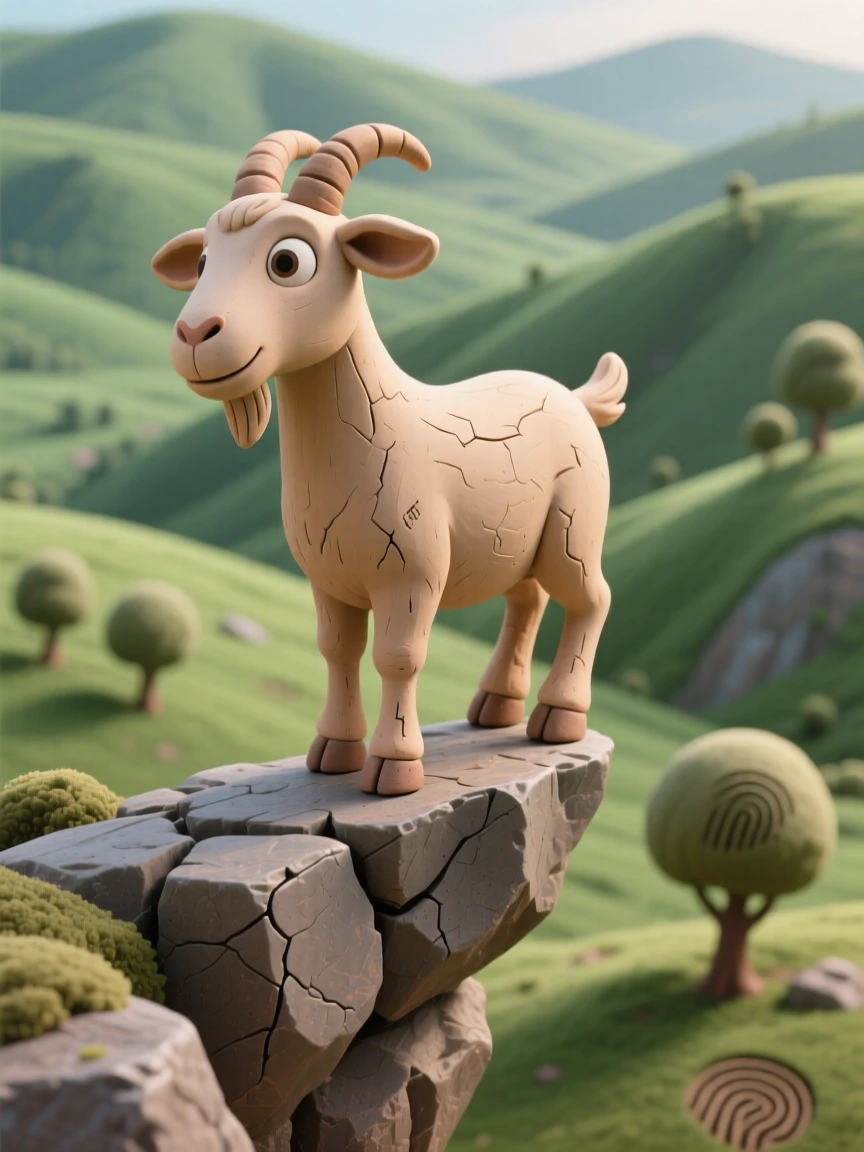 A goat balancing on a narrow rocky outcrop overlooking a green valley