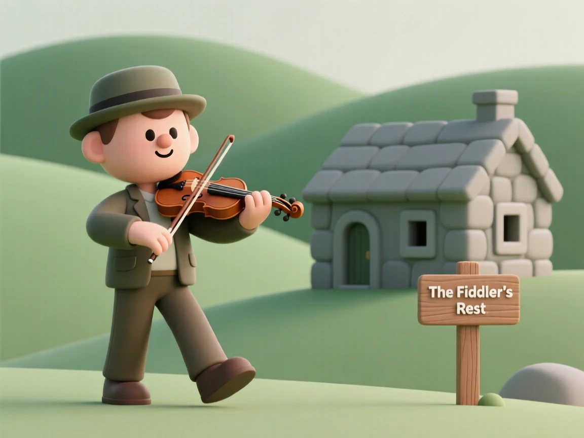 A traditional Irish fiddler plays a lively tune, foot tapping as green hills roll behind a small stone cottage.
