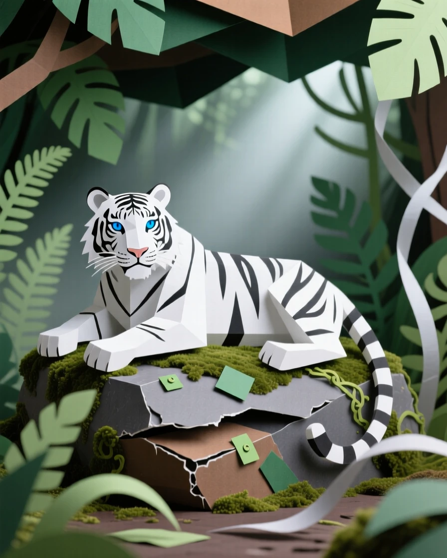 A regal white tiger resting on a moss-covered rock in a misty jungle clearing, its striking blue eyes alert, shafts of light breaking through the canopy, conveying power and grace.