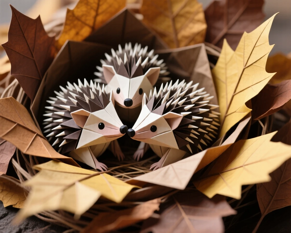 A cluster of baby hedgehogs huddled together for warmth inside a nest of dry leaves.