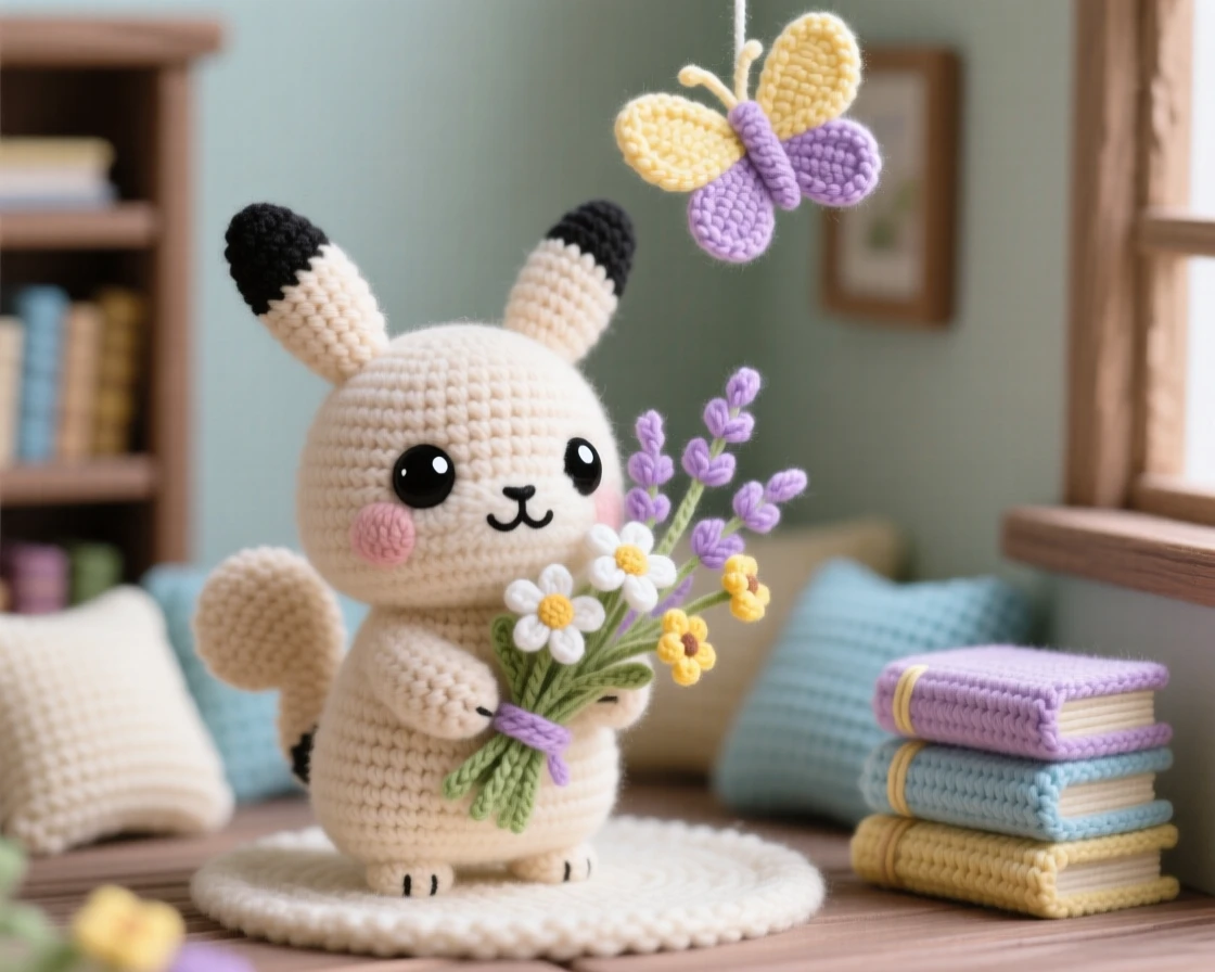 a small pika, with round ears and no visible tail, carrying a mouthful of wildflowers, set in a quiet library reading corner with soft cushions, with a single fluttering butterfly overhead, evoking a serene, storybook stillness.