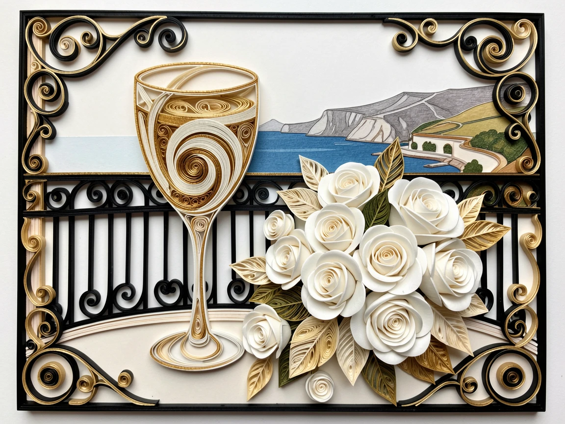 a champagne coupe beside a bouquet of white roses, on a private terrace overlooking the Mediterranean, framed with an air of quiet, understated elegance, in a rich palette of black, gold, and ivory.