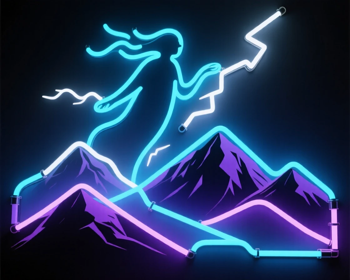 A wandering storm spirit trailing lightning across a mountain ridge.