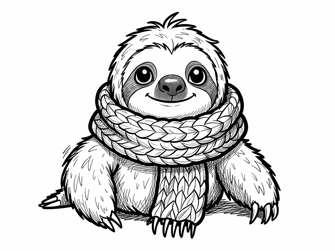 A baby sloth wearing a knitted scarf too big for it.