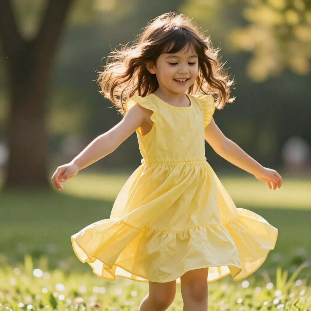 A little girl twirling in a bright yellow dress
