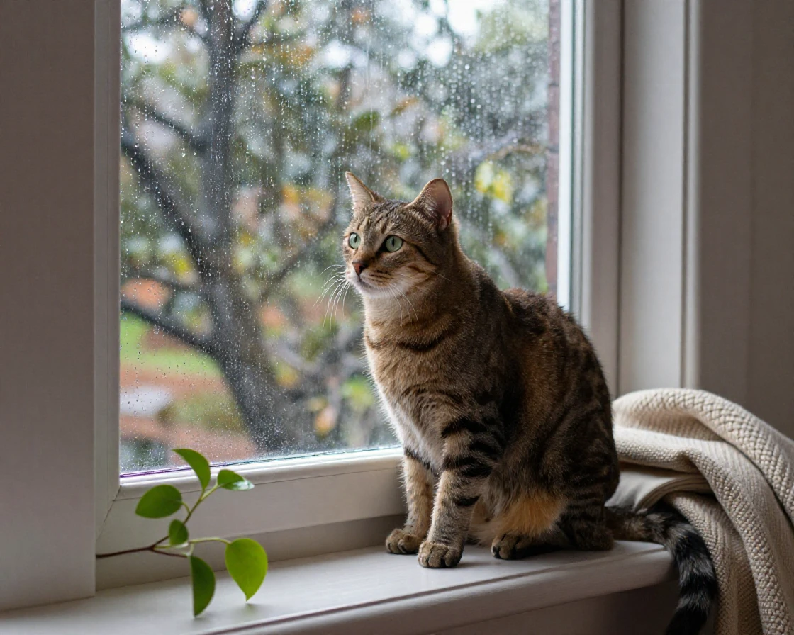 A tabby cat perches on a windowsill watching raindrops race down the glass.