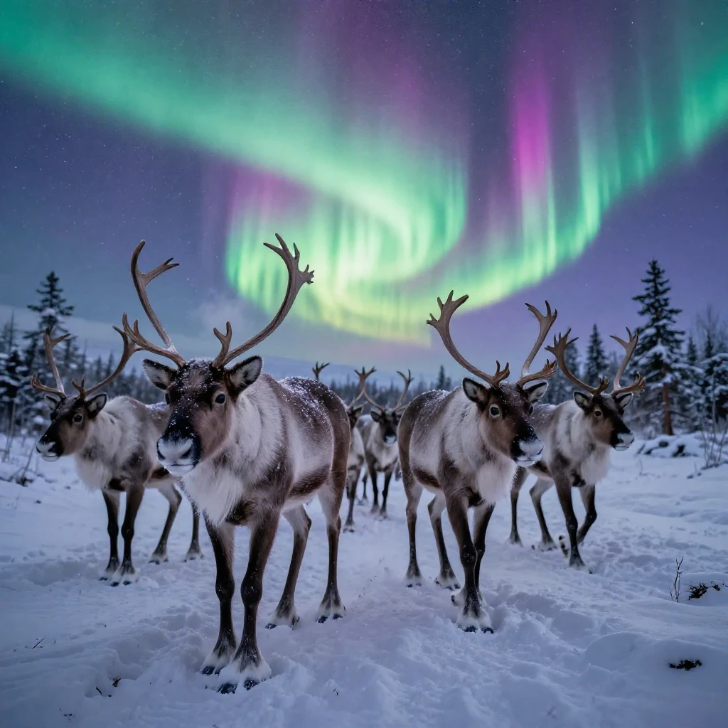 A herd of reindeer trekking through deep snow beneath the northern lights
