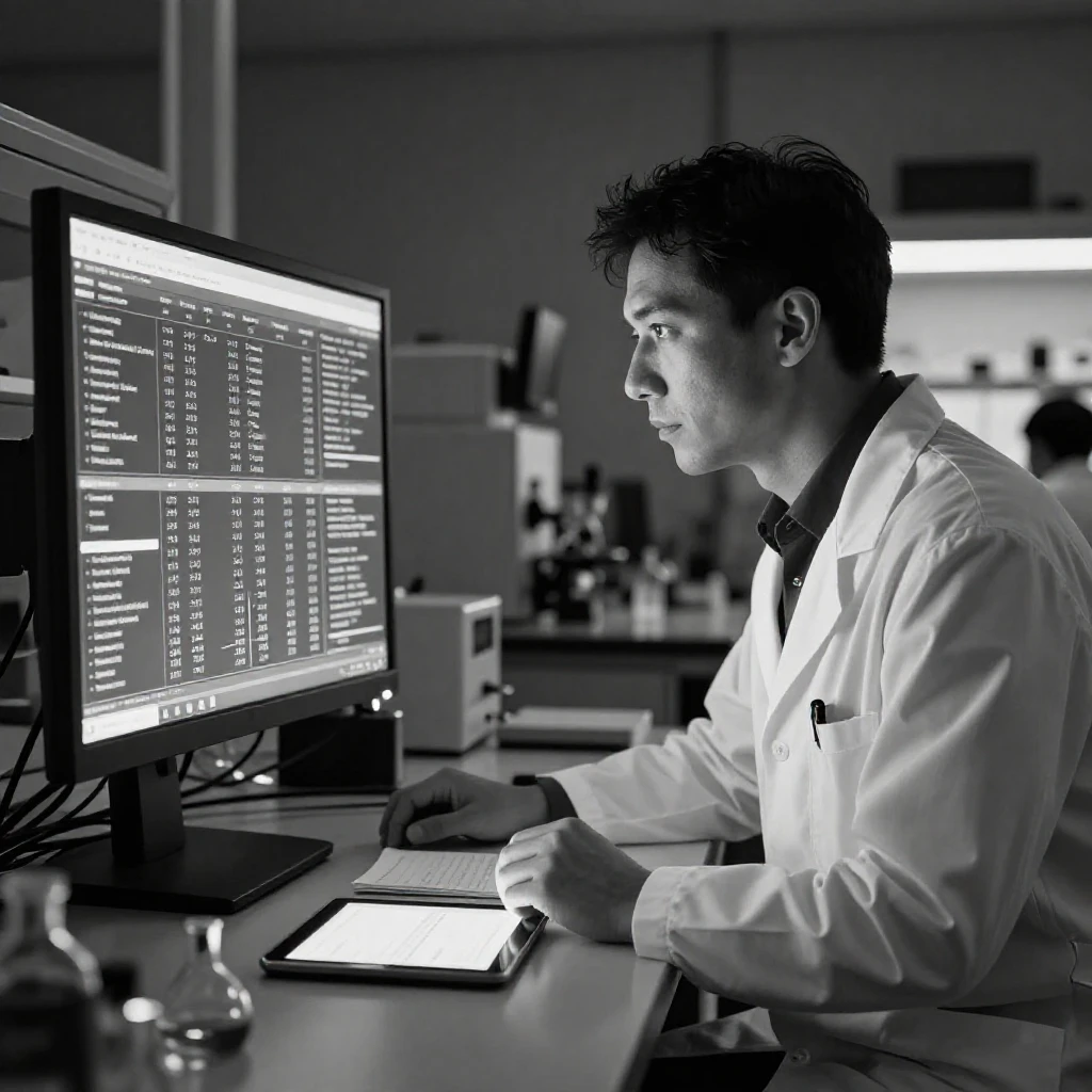 A researcher analyzes data on a glowing screen in a research facility.