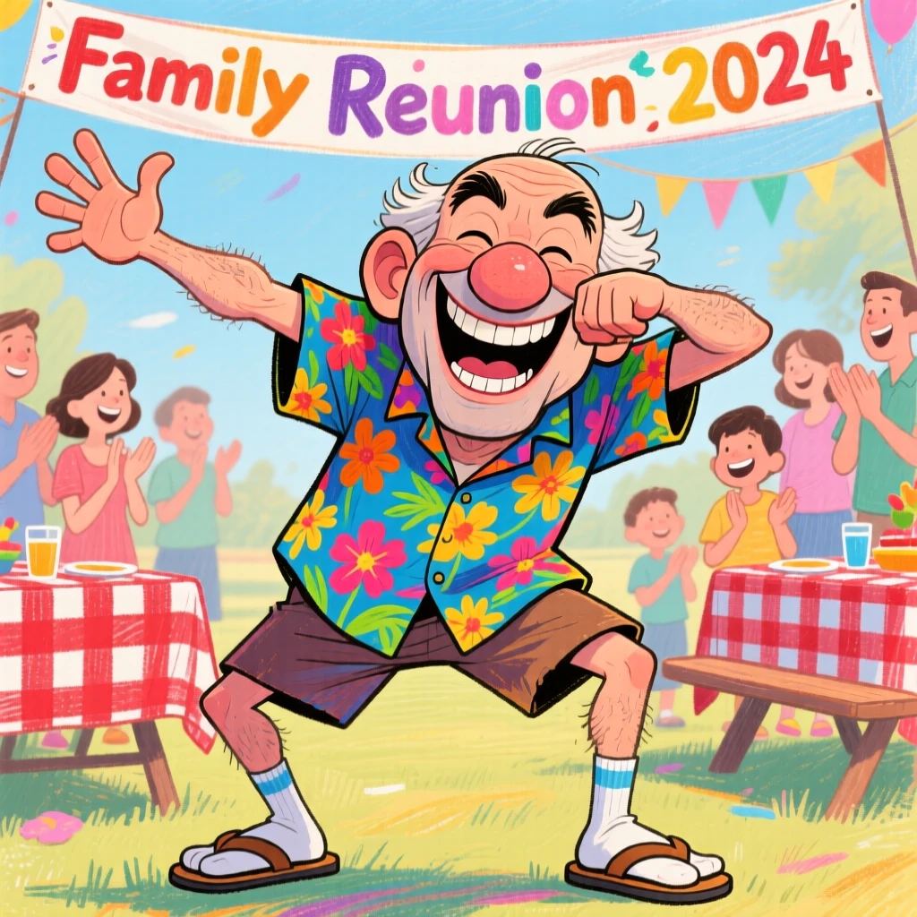 A goofy uncle doing an exaggerated dab pose at a family reunion.