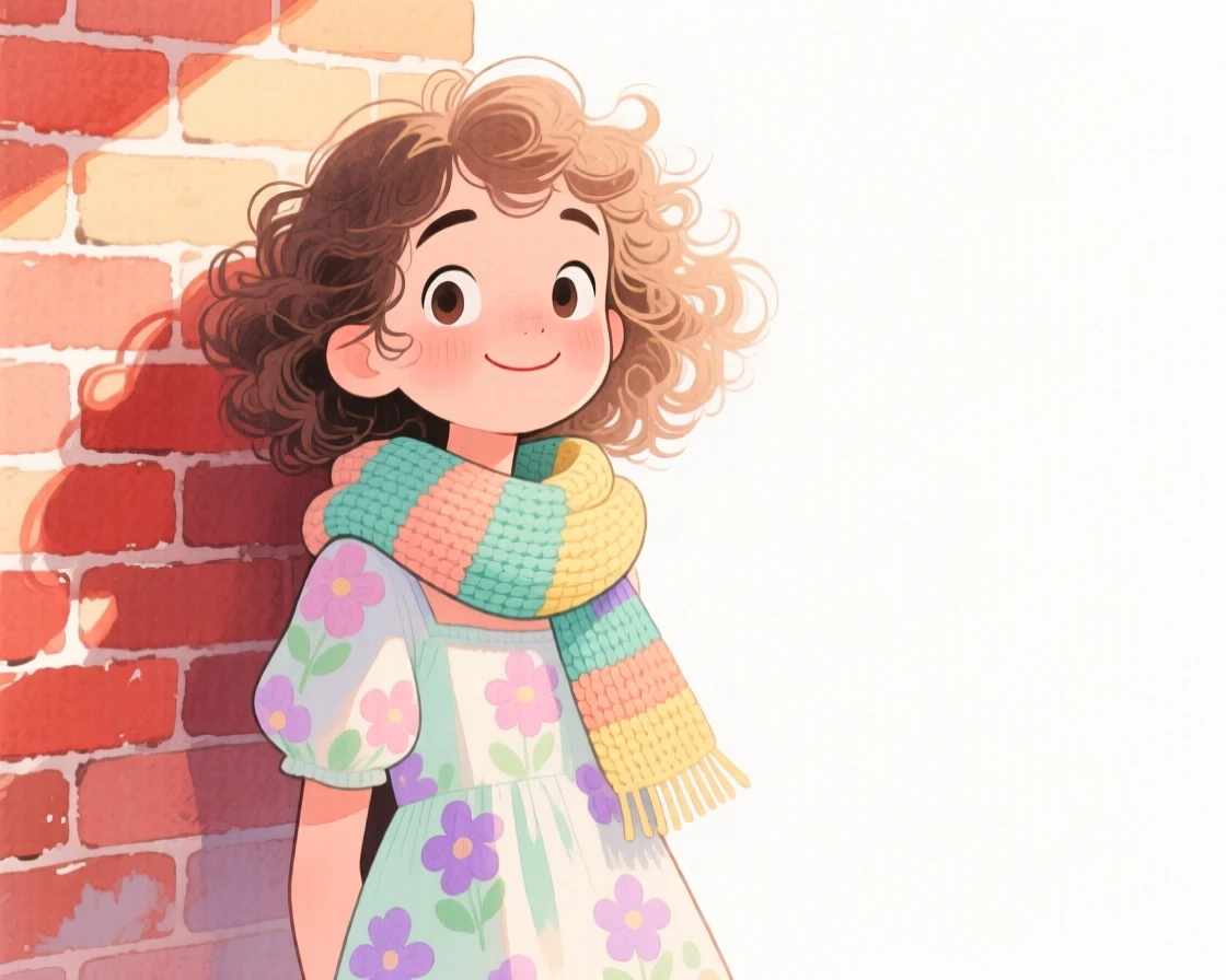 A teenage girl with voluminous natural curls, raising an eyebrow playfully, wearing a flowy floral sundress and wearing a colorful knit scarf, against a sun-drenched brick wall