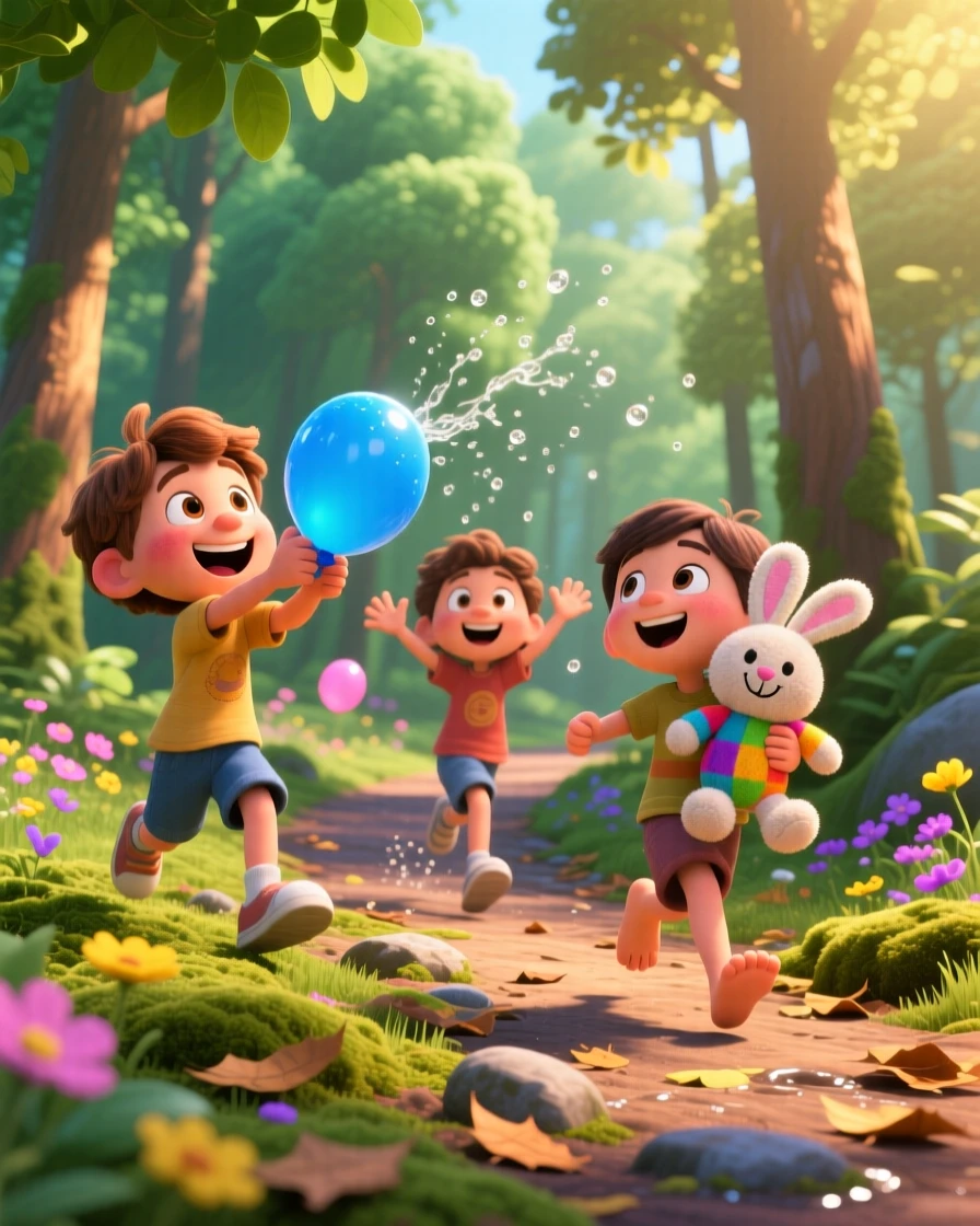 Kids having a water balloon fight in the backyard takes place along a quiet forest trail dappled with light, with a stuffed animal tucked under one arm. The scene bursts with childhood wonder and delight.