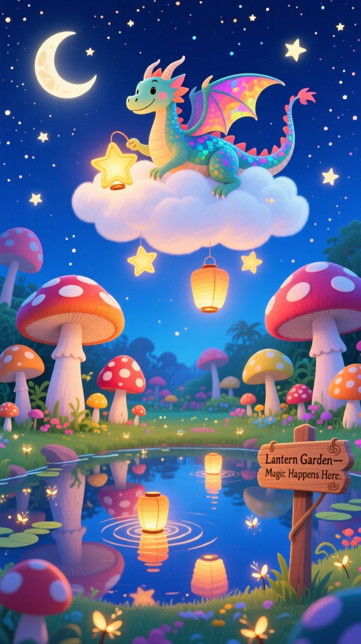 In a garden of giant mushrooms, a cloud-riding dragon discovers a moment of wonder while lighting lanterns that float into the night sky, as reflections shimmer on the still water.