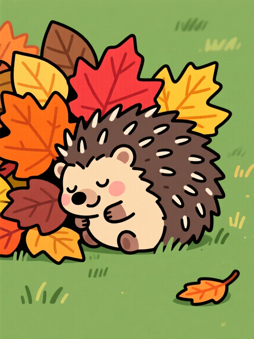 A hedgehog curled into a ball beside a pile of fallen leaves.