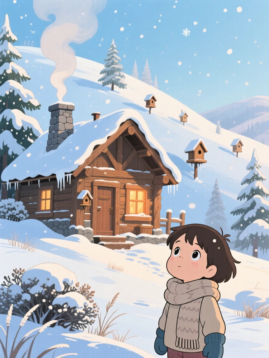 A winter scene of a cozy cabin with smoke rising against a snow-covered hillside, with soft light filtering through the atmosphere.