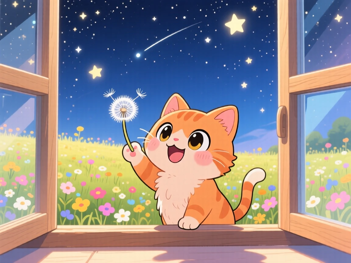 Framed through a window of a fluffy orange kitten, batting playfully at a floating dandelion seed, in a sunlit meadow dotted with wildflowers, under a starry midsummer night sky, illuminated by sparkling starlight, radiating delighted joy.
