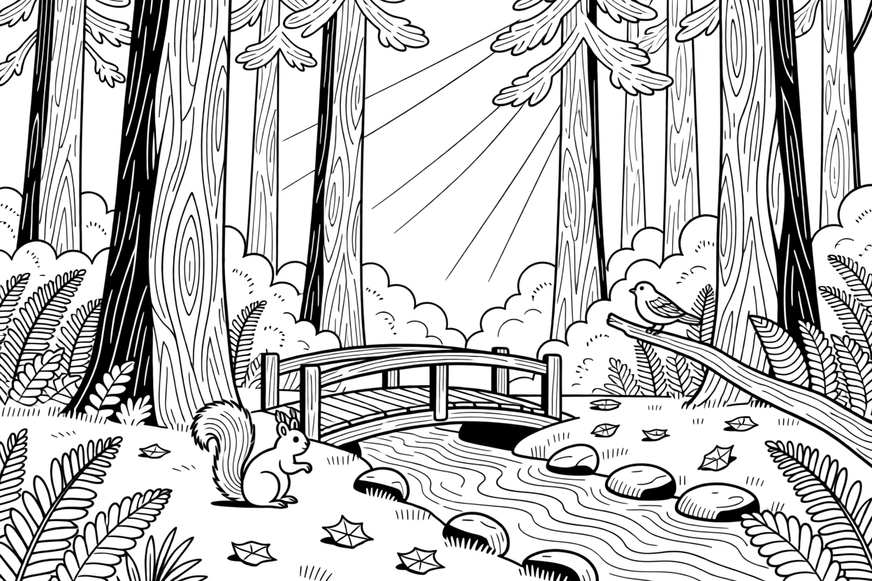 A grove of towering redwood trees with sunbeams breaking through, with a small wooden bridge crossing a stream nearby.