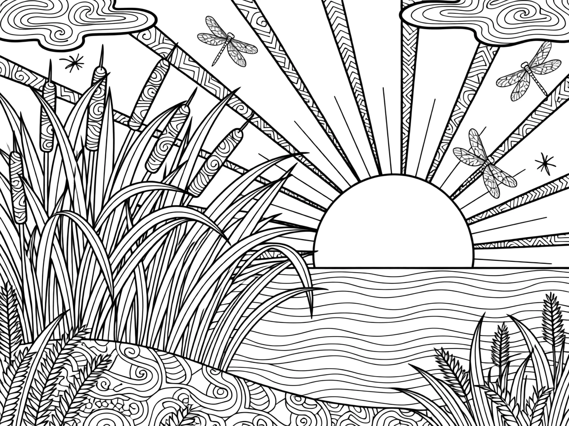 A cluster of water reeds and cattails along a marsh at sunrise.