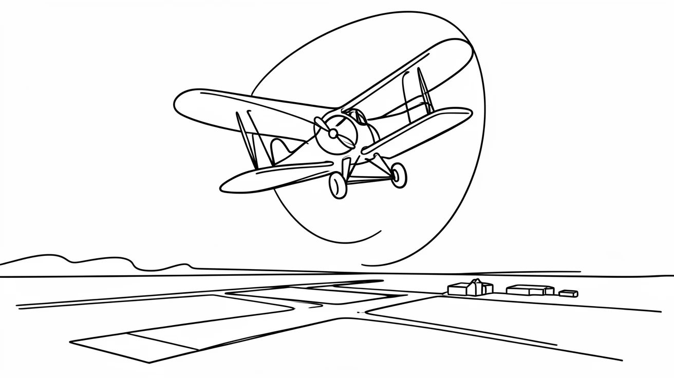 A biplane performing a loop high above an open airfield