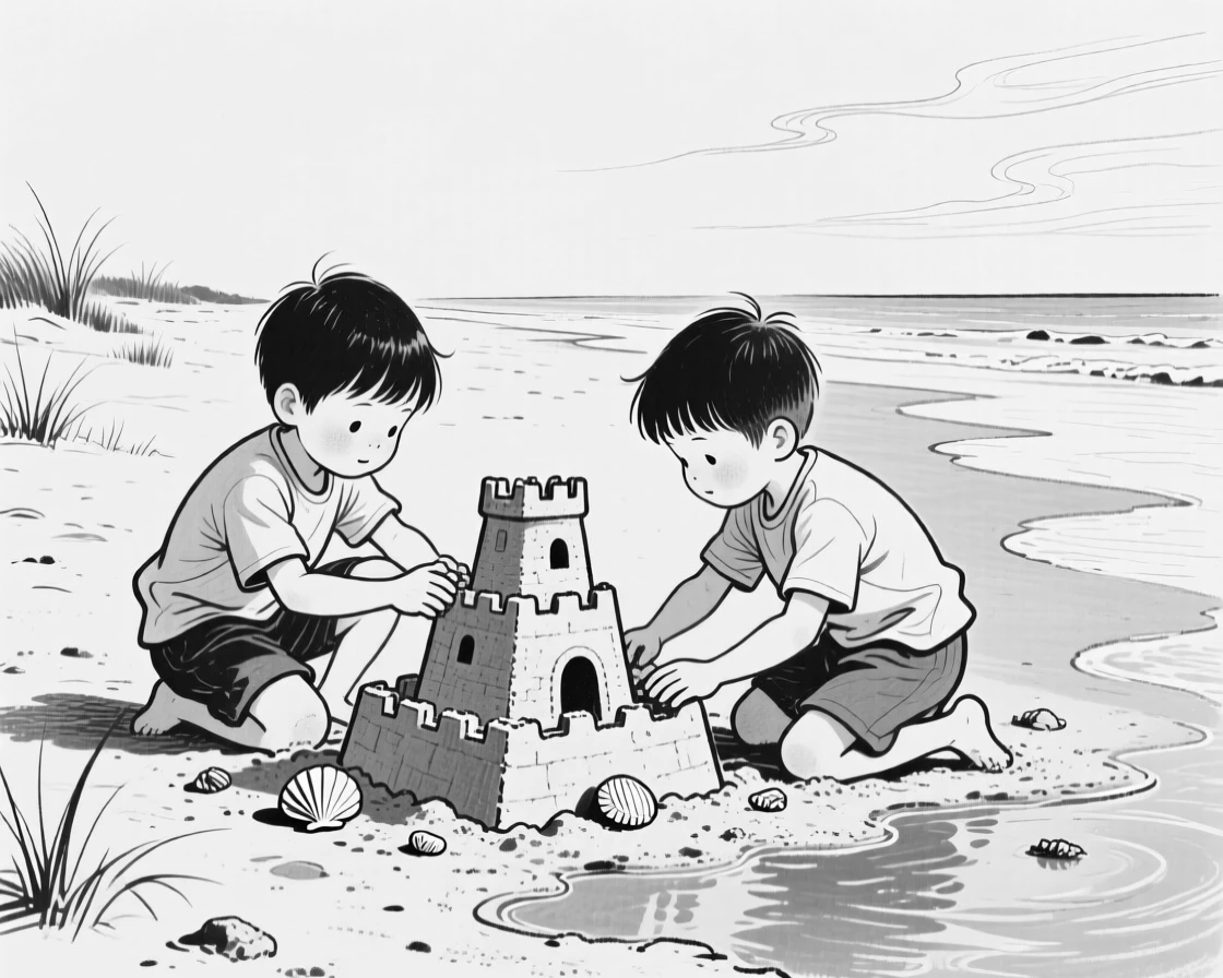 Two siblings building a sandcastle together on a quiet beach at low tide.