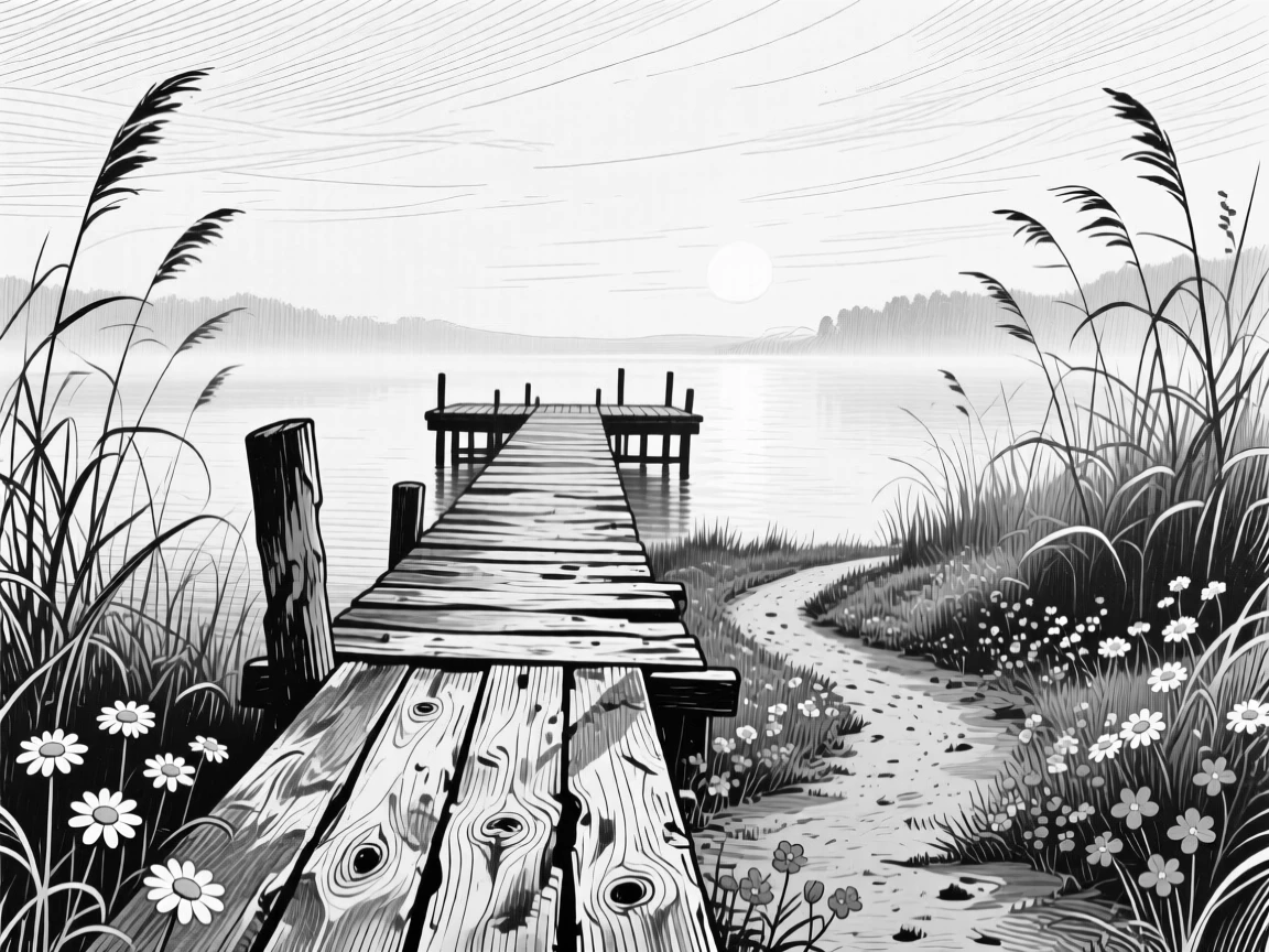 A wooden dock under the soft glow of early morning light, with scattered wildflowers along the path, evoking a windswept and dramatic atmosphere in a wide, balanced composition.