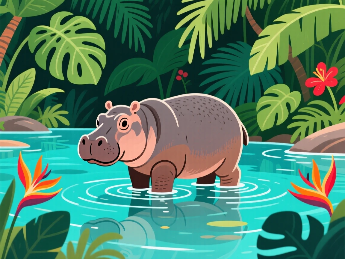 A pygmy hippo wading through a shallow jungle stream, set within a crystal clear tropical lagoon, centered in the frame with gentle negative space around it, with vivid, richly saturated colors that pop.