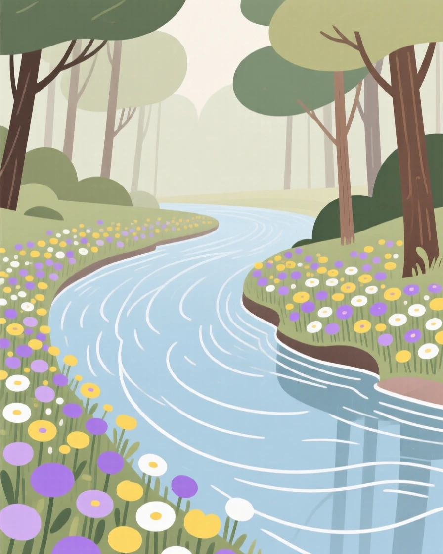 A tranquil forest stream surrounded by wildflower banks, with gentle ripples on the surface.