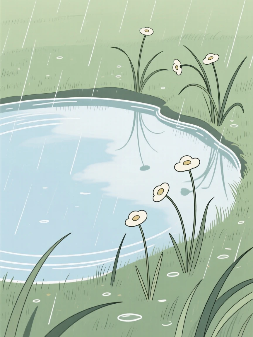 A tide pool, standing at the edge of a spring meadow after rain, with wildflowers swaying in the breeze nearby, evokes gentle stillness.