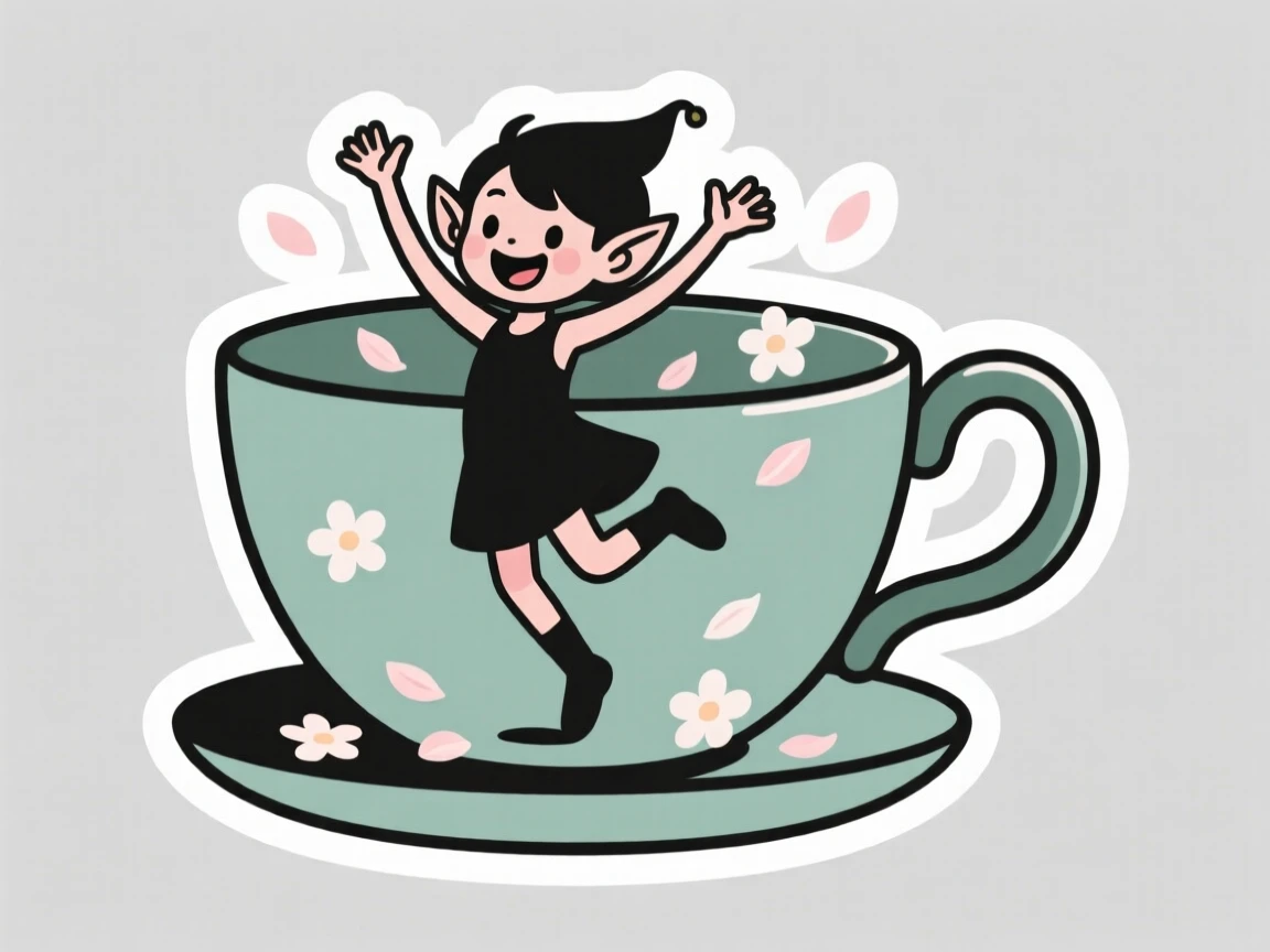 A giggling small forest sprite dancing under falling petals, inside a giant teacup.