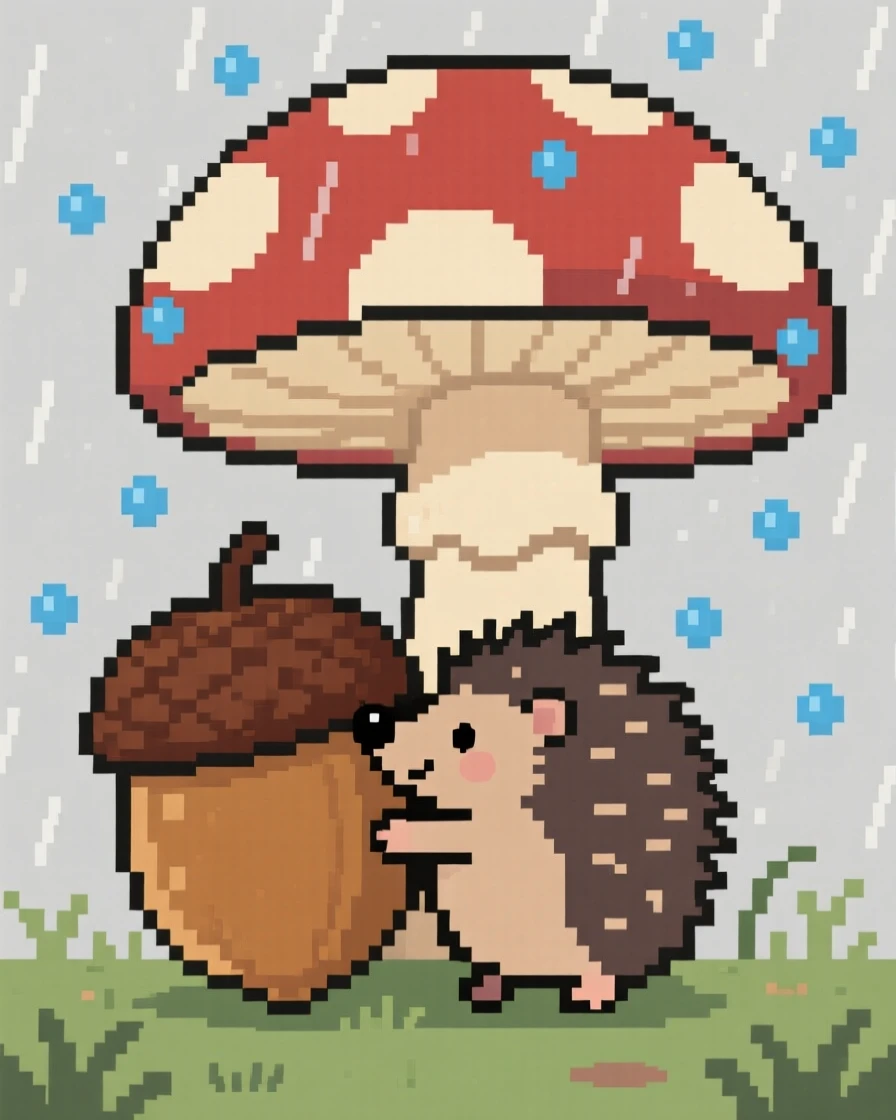 A tiny hedgehog hugging a giant acorn, under a giant mushroom during a soft rain.