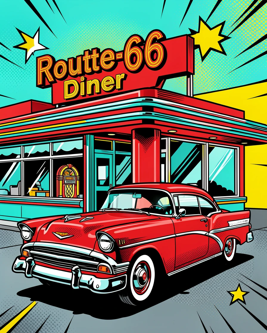A classic Route 66 diner with a vintage car parked outside
