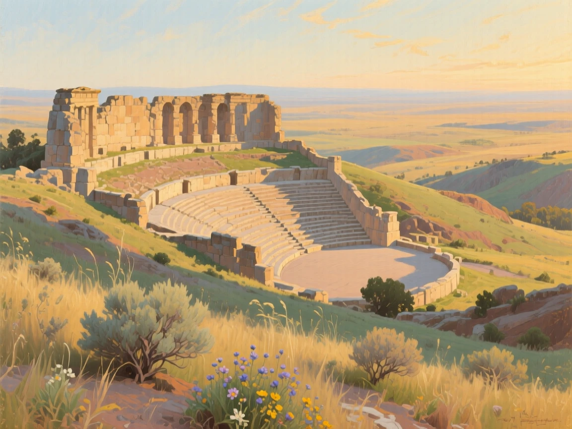 An expansive vista of a grand ancient amphitheater bathed in golden afternoon light, in late afternoon, on the American frontier.