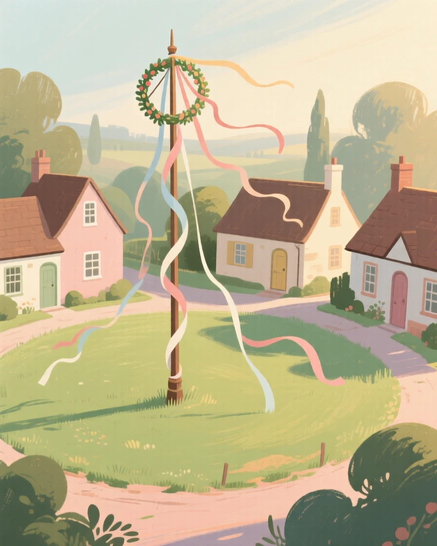 A village green with a maypole and cottages arranged around its edge