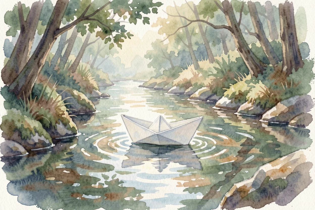A single paper boat floating down a calm stream evoking a deep sense of calm.