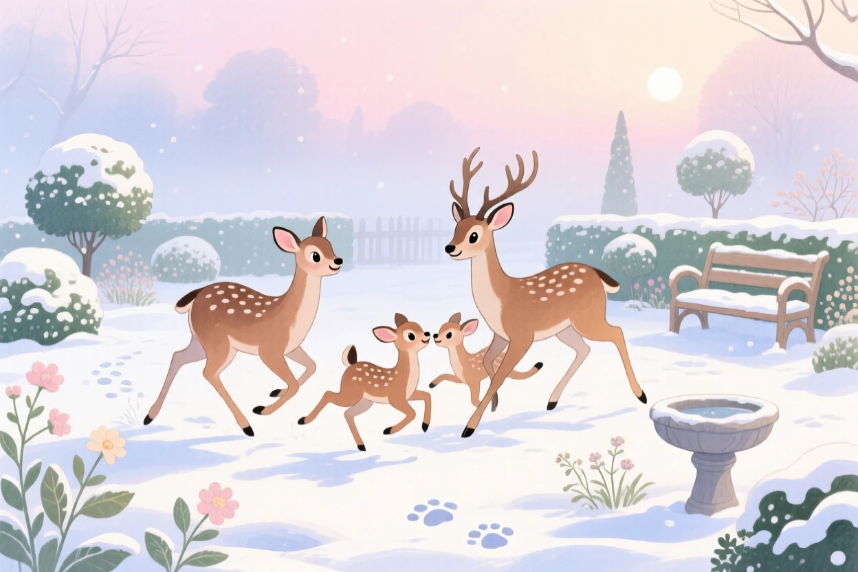 A family of deer in a snowy clearing playing joyfully in a quiet garden at dawn on a foggy morning.