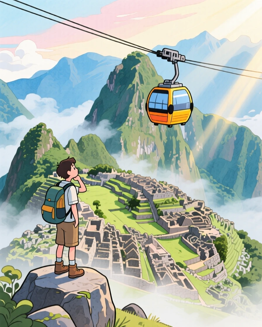 A traveler pauses to soak in the view amid a cable car rising above the misty peaks of Machu Picchu, inspiring a dream of far-off horizons.